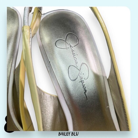 JESSICA SIMPSON Astor White Pale Yellow Patent Leather Peep Toe Pump Heel - Picture 7 of 9